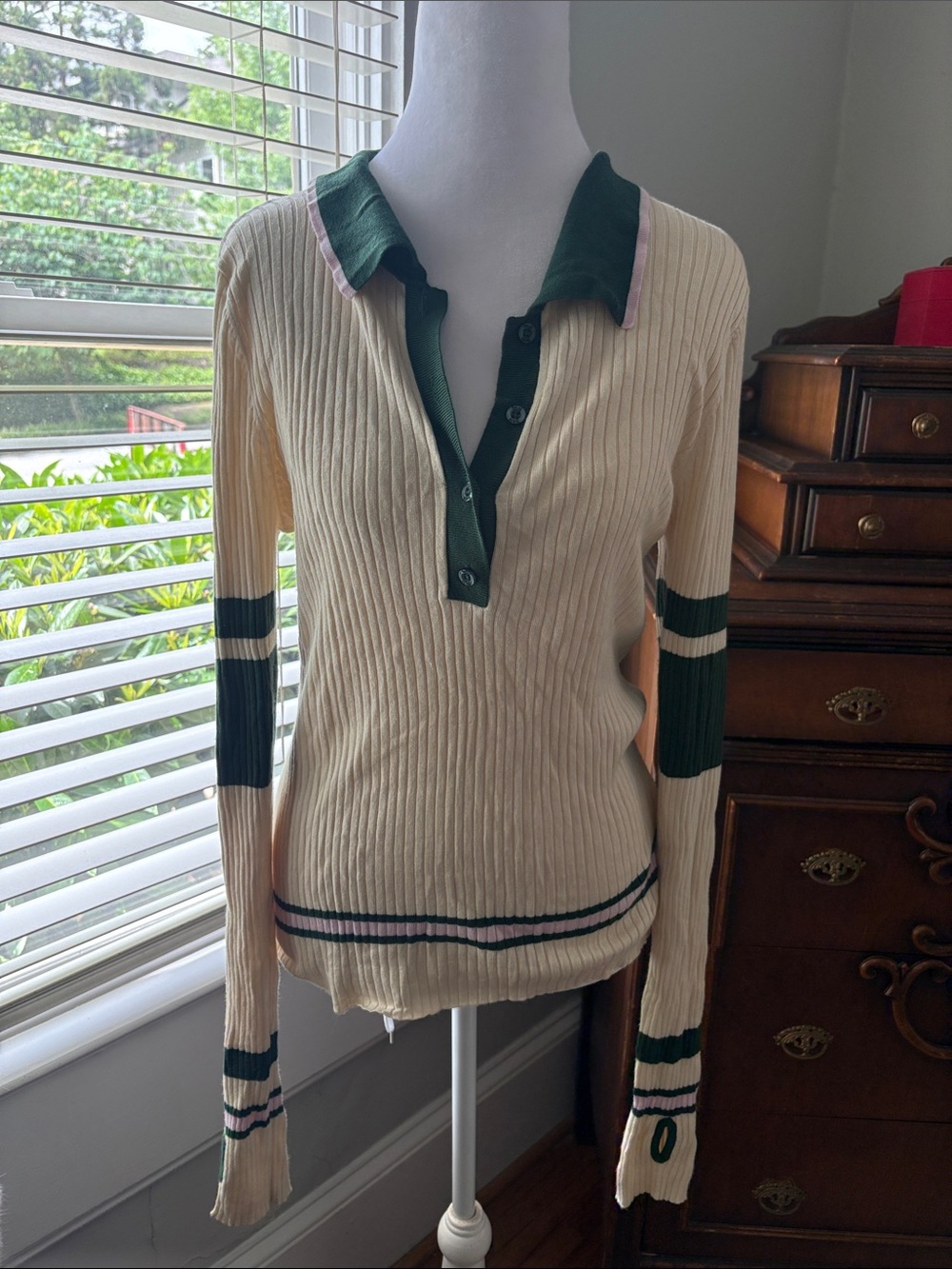 Fore All Cream Ribbed V-Neck Golf Polo Sweater with Green Trim